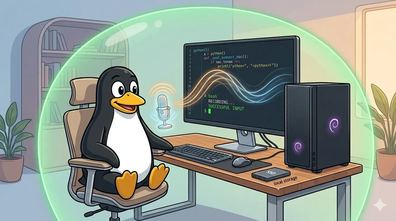 Voice in, code out — no cloud in between. AI dictation, the Linux way — image generated via Nano Banana