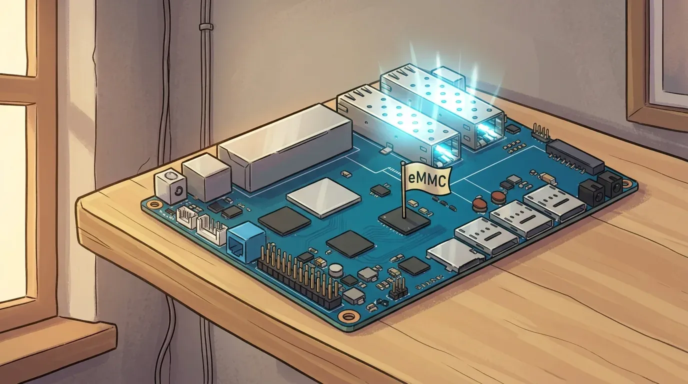 One board, one clean install, zero bricks - planting the flag on the eMMC. - image generated via Nano Banana