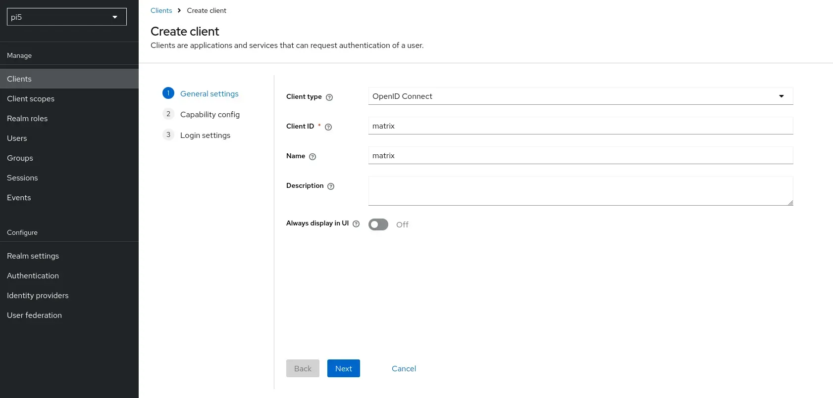 Creating a new client for matrix