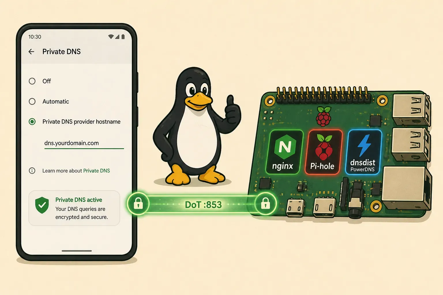 Your android phone connecting to your (remote) Pi-hole via DNS-over-TLS — image generated via ChatGPT