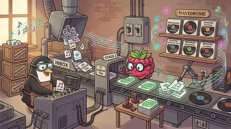 Legit crates in, obsessive librarian in the middle, tidy shelf at the end. — image generated via Nano Banana