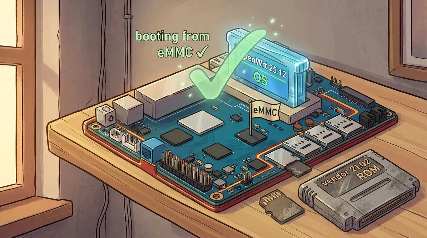 SD card ejected, running fully on internal eMMC - feet up. - image generated via Nano Banana