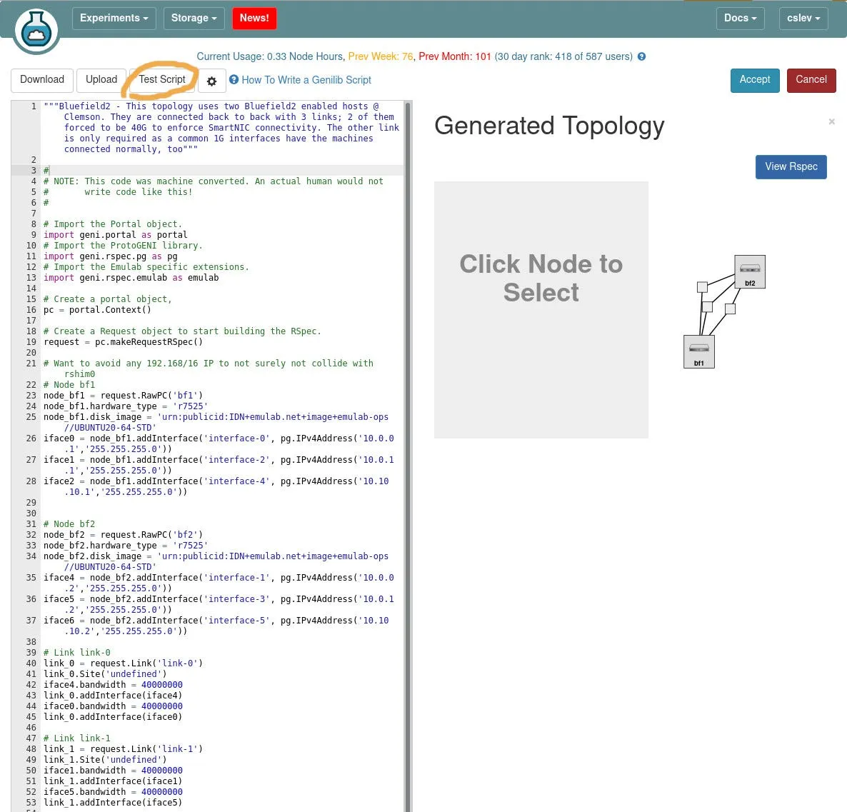 Testing your geni-lib script. If no error happens, hit Accept and you script is ready to be deployed.