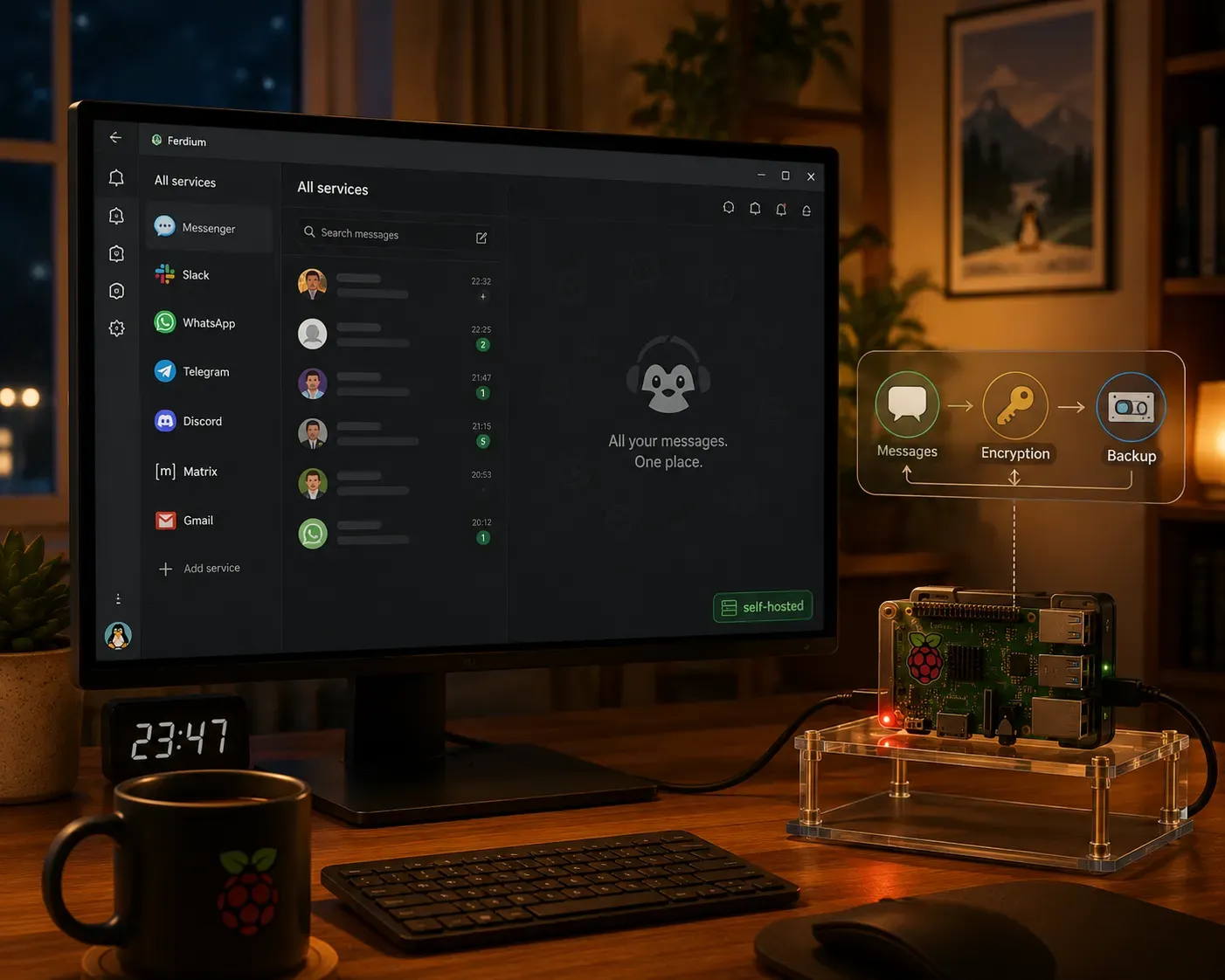 Your chats stay with the services. Your config and keys stay with you. Your backups stay on encrypted disk — image generated via ChatGPT