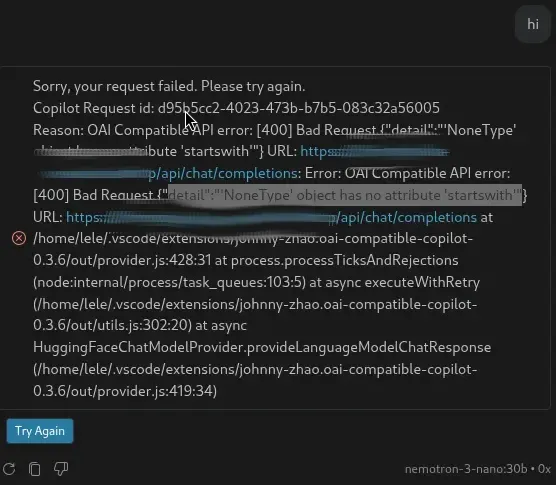 github copilot in vs code dies after prompting