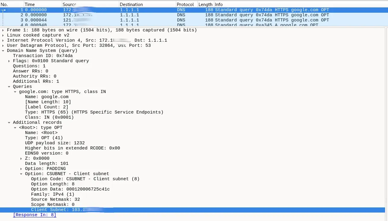 Caption: Outbound DNS query from Pi-hole to upstream. Highlighted: the ECS option carrying the original client’s /32 IP. This is the leak we need to plug. Note: For an easier check, i disabled DNSCrypt-proxy and set Pi-hole to send everything unencrypted to 1.1.1.1 — this is for a quick EDNS verification only!