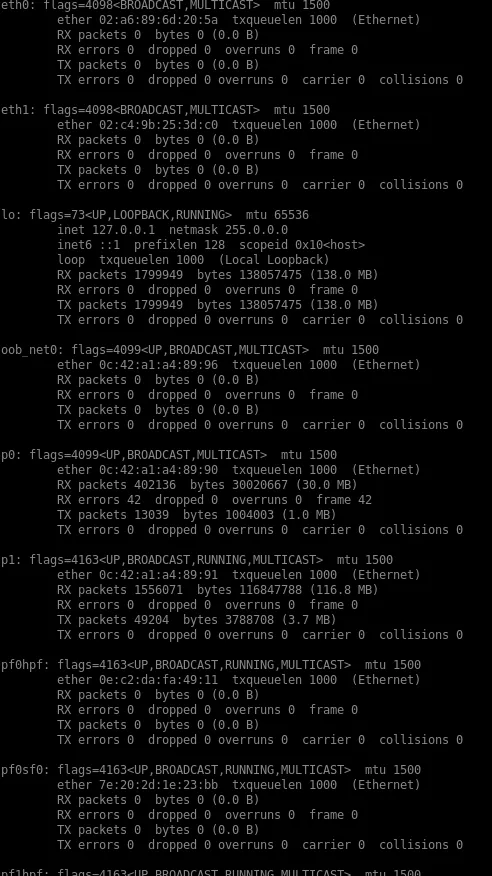 The output of ifconfig -a. We can see both eth0/1 and pfXsf0 interfaces.