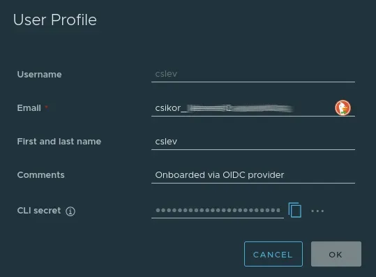 User profile with the username and CLI secret