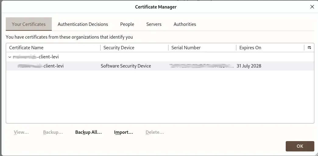 Successfully added client certificate to our browser